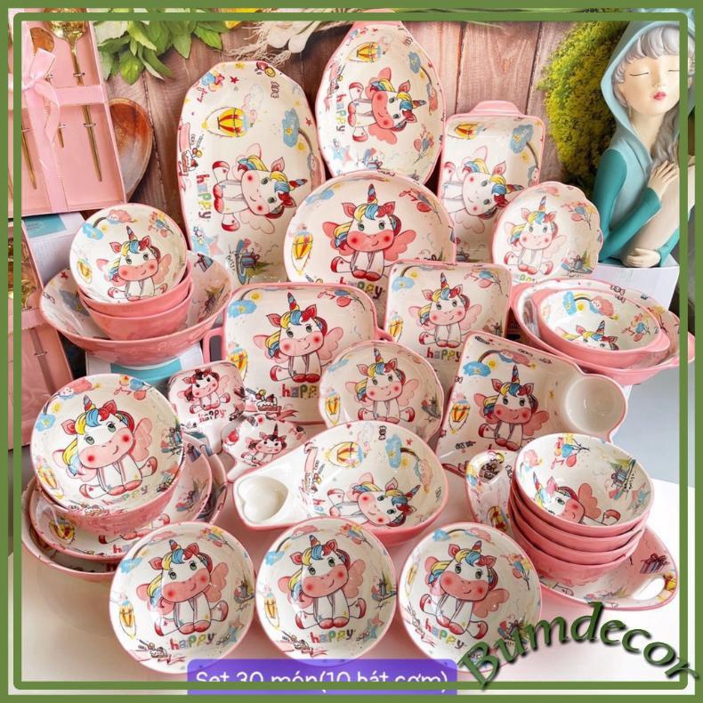 Set bát đĩa decor hình ngựa pony hồng xinh yêu, Bát ăn cơm chén đĩa dễ thương bát ăn dặm cho bé Bumdecor
