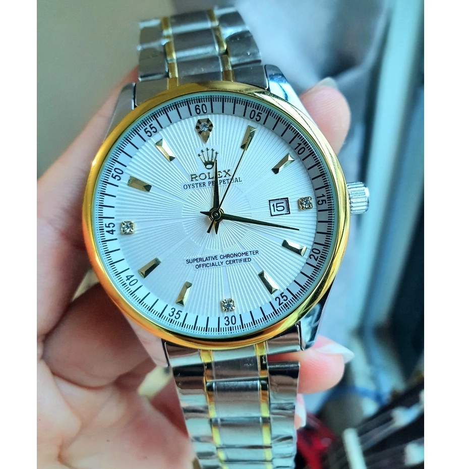 Đồng hồ nam dây kim loại, đồng hồ dây kim loại viền màu vàng roleck size 40 mặt trắng đen ocdong.store