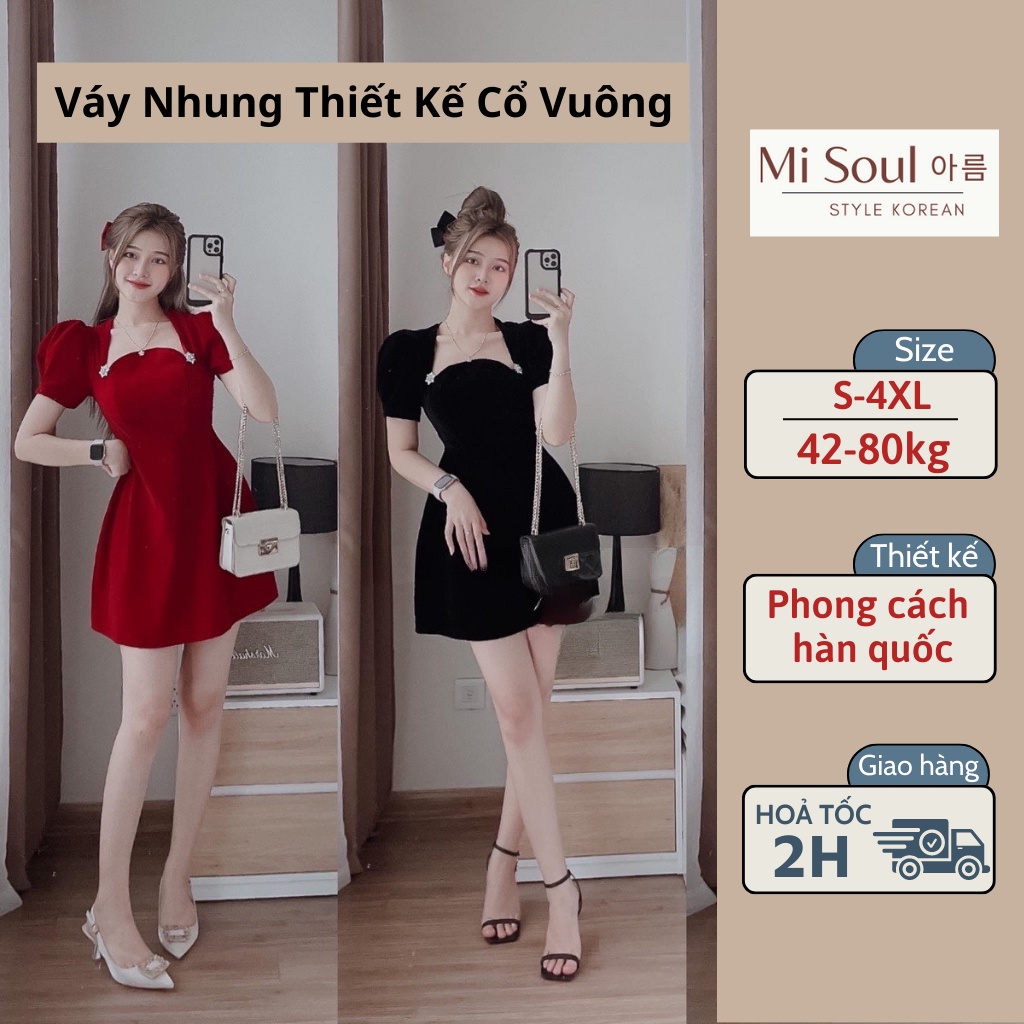 Đầm Nhung Thiết Kể Cổ Vuông MiSoul Đính Cúc Ngọc , Váy Nhung Nữ Chữ A Tay Bồng Sang Chảnh Đi Dự Tiệc 203
