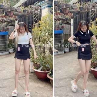 Set chân váy xẻ 2 bên + croptop petter phối viền