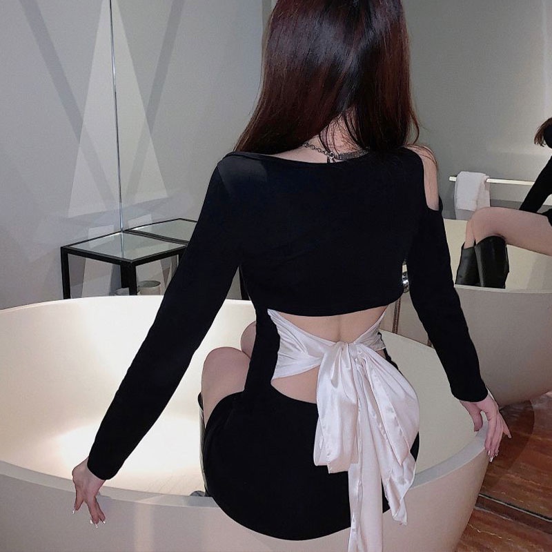 Đầm nữ XINLANYASHE tay dài hở vai lưng thắt nơ phong cách Hàn Quốc thời trang mới