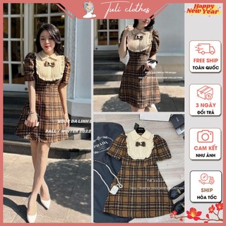TK166 | Váy dạ kẻ nâu cộc tay thiết kế cổ phối | có sẵn | Tuli clothes - shop quần áo nữ