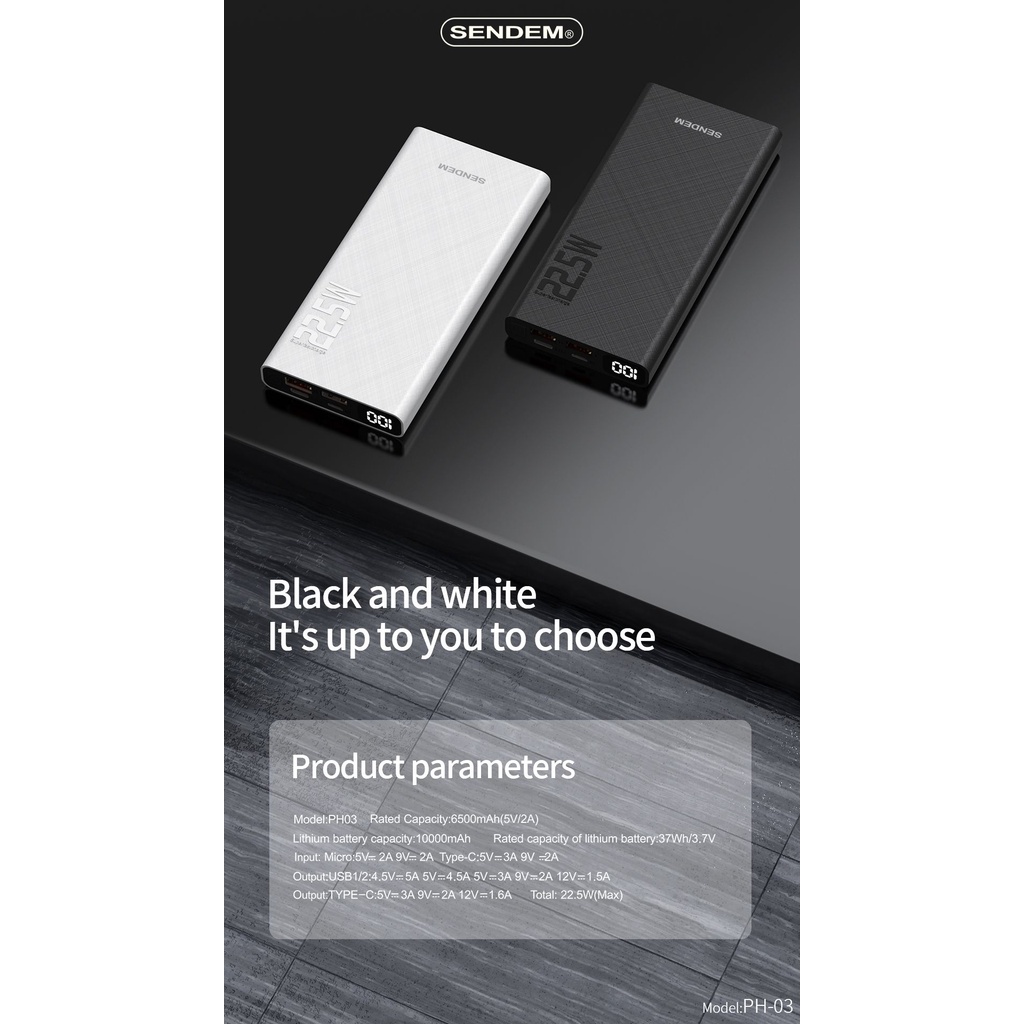 Pin sạc dự phòng SENDEM PH03/PH04 10000/20000mah sạc nhanh PD22.5W Hàng chính hãng, bảo hành 12 tháng