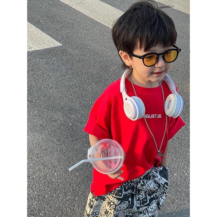 Áo thun ngắn tay cotton chữ AGUST.16 cá tính cho bé