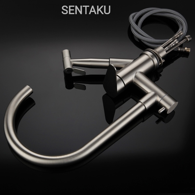 Vòi rửa chén bát Nóng Lạnh Sentaku inox sus 304 vòi kép đa năng dây rút cao cấp,tặng cặp dây nóng lạnh bảo hành 24 tháng