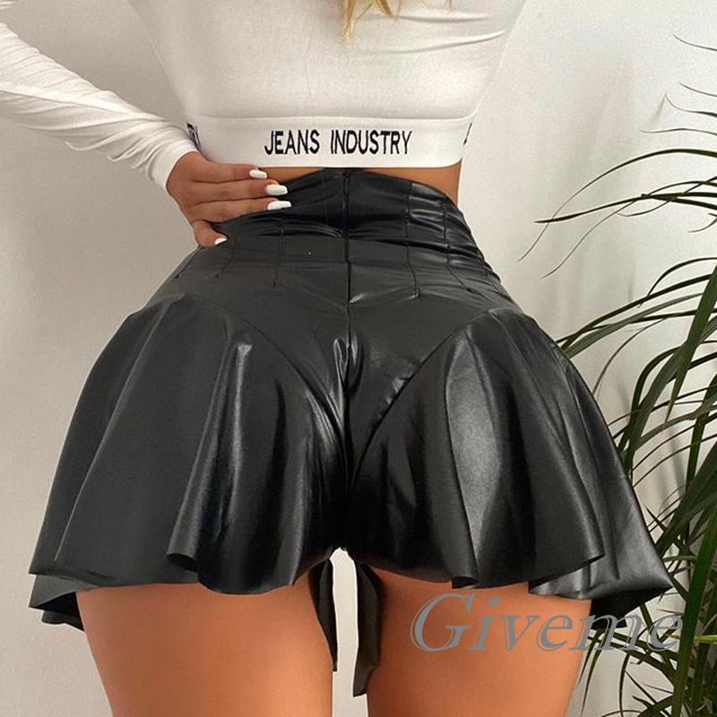 Quần Short Nữ Da PU Lưng Cao Xếp Li Givenme