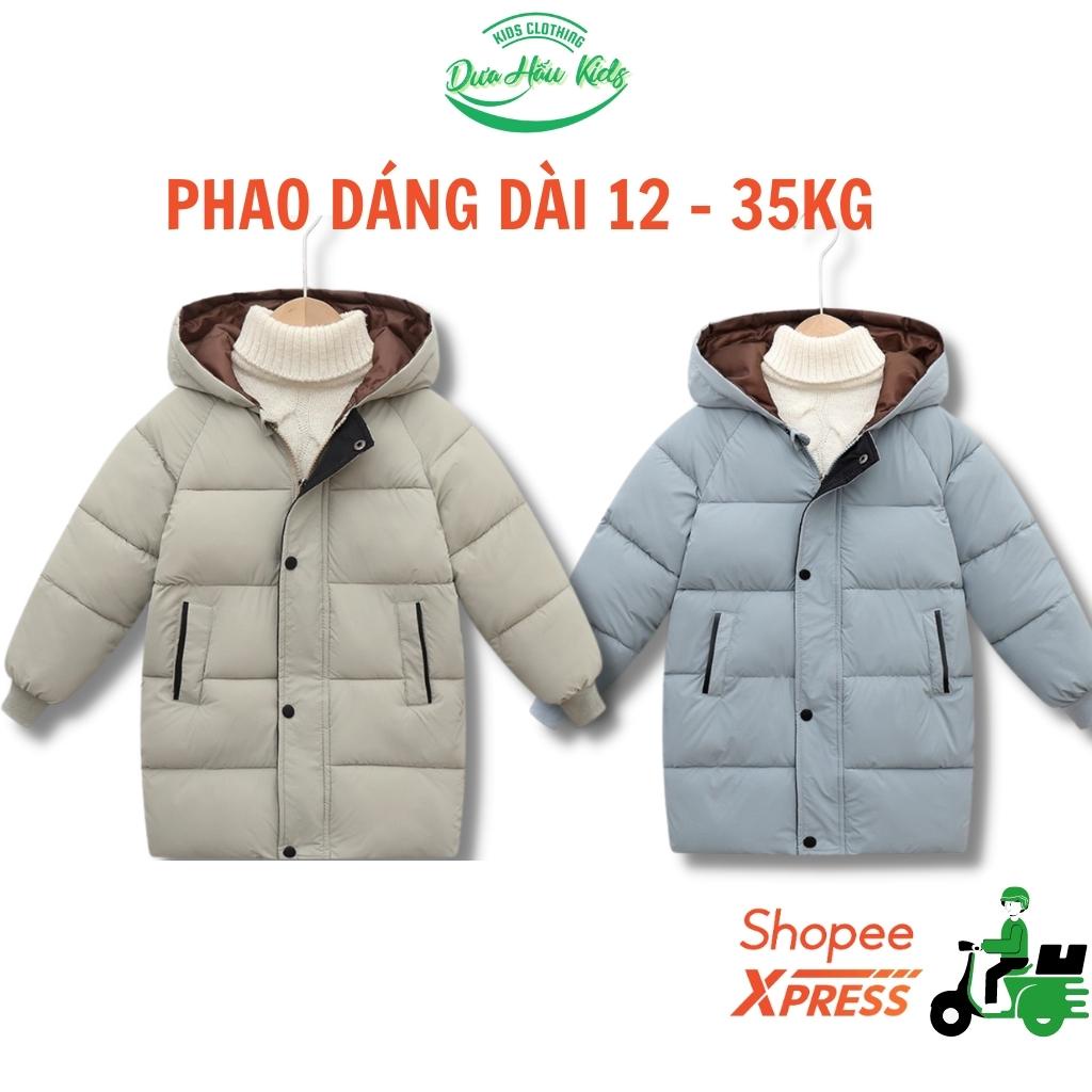Áo phao dang dài cho bé, áo khoác lông vũ có mũ bé trai, bé gái.