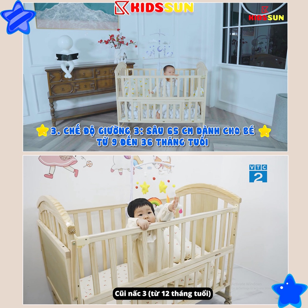 Giường cũi đa năng 6 in 1 KIDSSUN cho bé, tặng bộ quà 6 món phụ kiện, thông minh tiện lợi an toàn bảo hành 3 năm