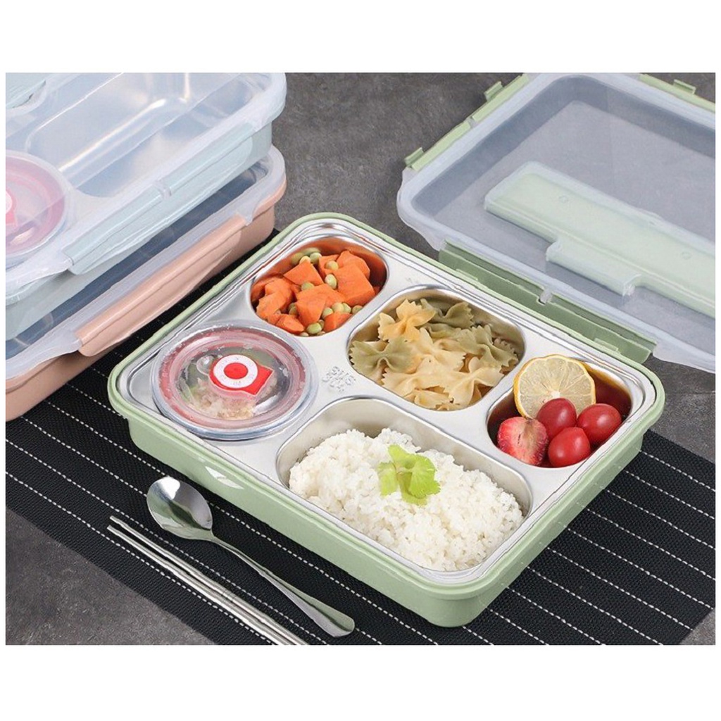 Hộp - Khay cơm Inox 5 ngăn - Có đựng canh
