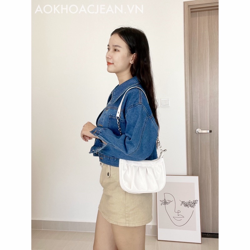 Áo khoác Jean nữ dài tay, 2 túi dáng ngắn phong cách Ulzzang