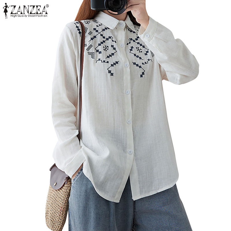 ZANZEA Áo Sơ Mi Nữ Tay Dài Cổ Bẻ Thêu Hoa Thời Trang