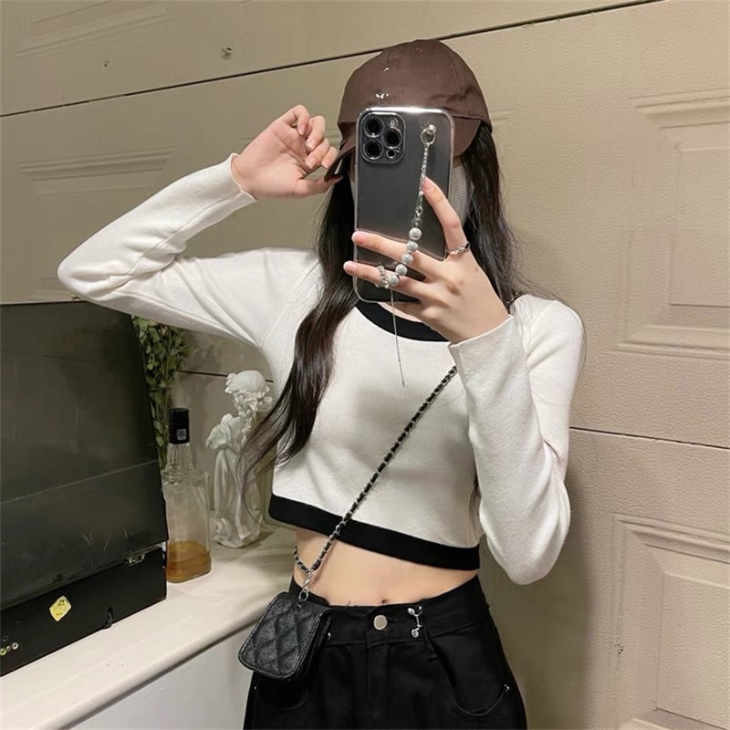 Áo kiểu thun nữ croptop cổ tròn tay dài hotgirl dễ thương