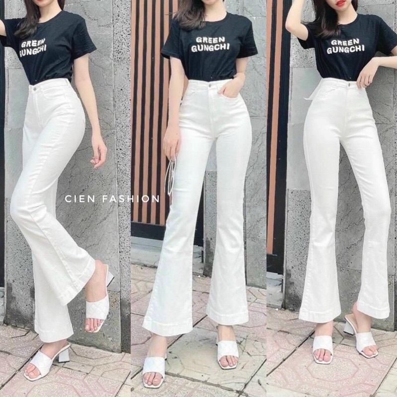Quần jeans ống Loe trắng cạp cao Hack dáng chất co dãn nhẹ