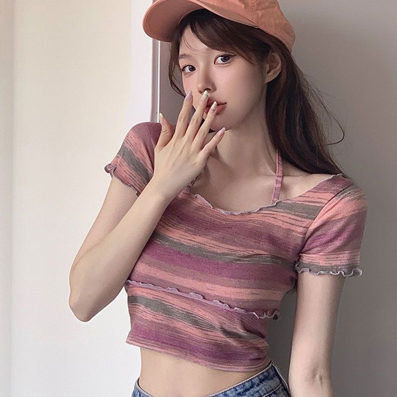 Áo thun XINLANYASHE ngắn tay họa tiết sọc ngang thời trang dành cho nữ