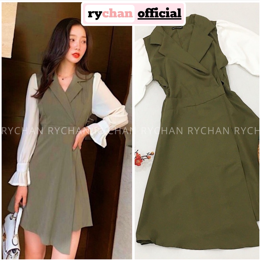 [ẢNH THẬT CUỐI] Đầm Xòe Rêu Cổ Vest Đắp Chéo Phối Tay Trắng - DX661
