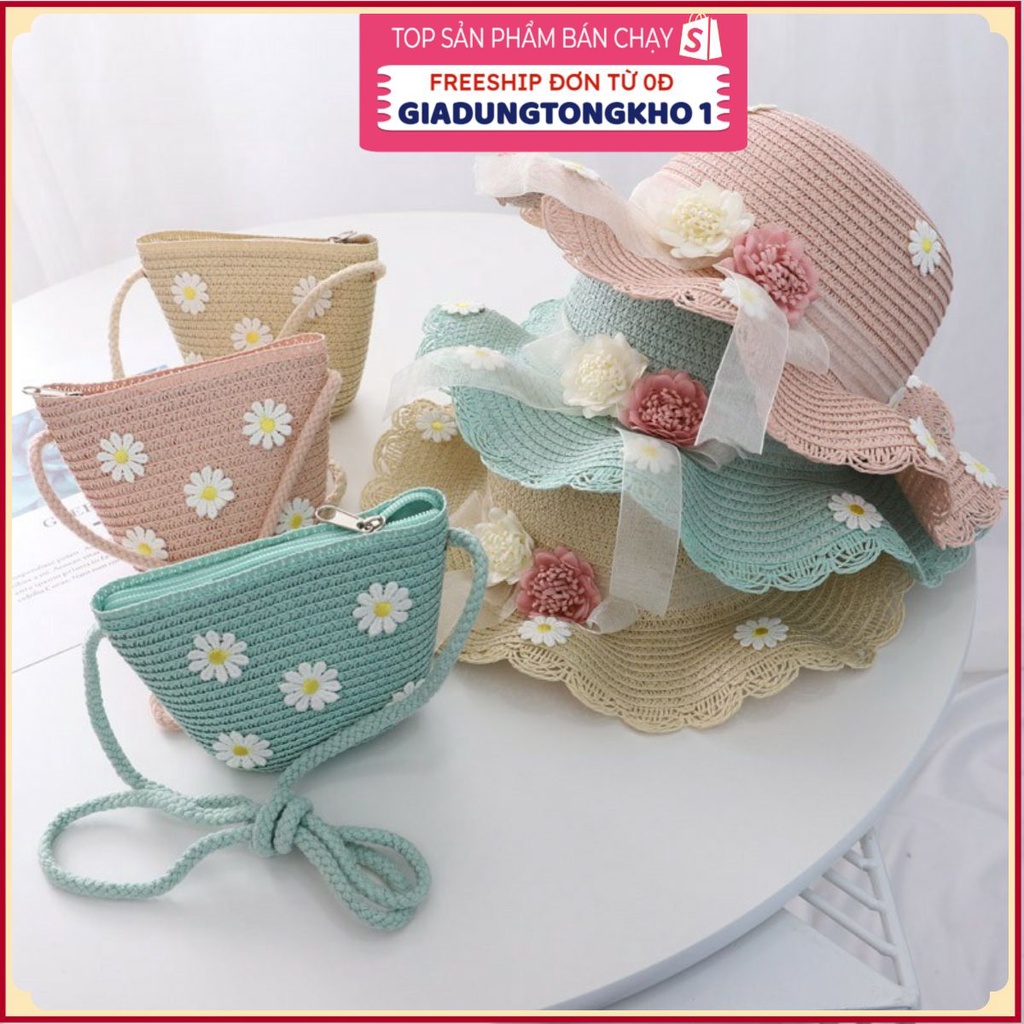 Set nón cho bé gái kèm túiGIADUNGTONGKHO1Mũi cói che nắng rộng vành đi biển đi du lịch hình hoa cúc cho bé gái