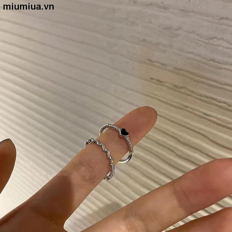 miumiuaSet 2 Nhẫn đính đá zircon hình trái tim màu đen đơn giản thời trang nữ tính