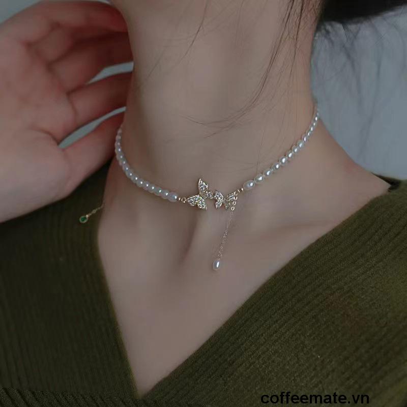 【coffeemate】⚡ Vòng cổ choker hình bướm đính ngọc trai giả thời trang hàn quốc cao cấp sang trọng