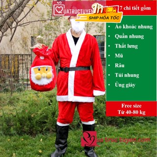 Bộ quần áo ông già noel người lớn vải nhung 7 phụ kiện (40-80kg)