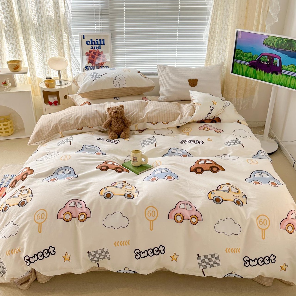 Chăn ga gối 4 món EverDream 150 ô tô vàng, nhập khẩu, 100% cotton living cao cấp, miễn phí bo chun, Đủ mọi kích thước