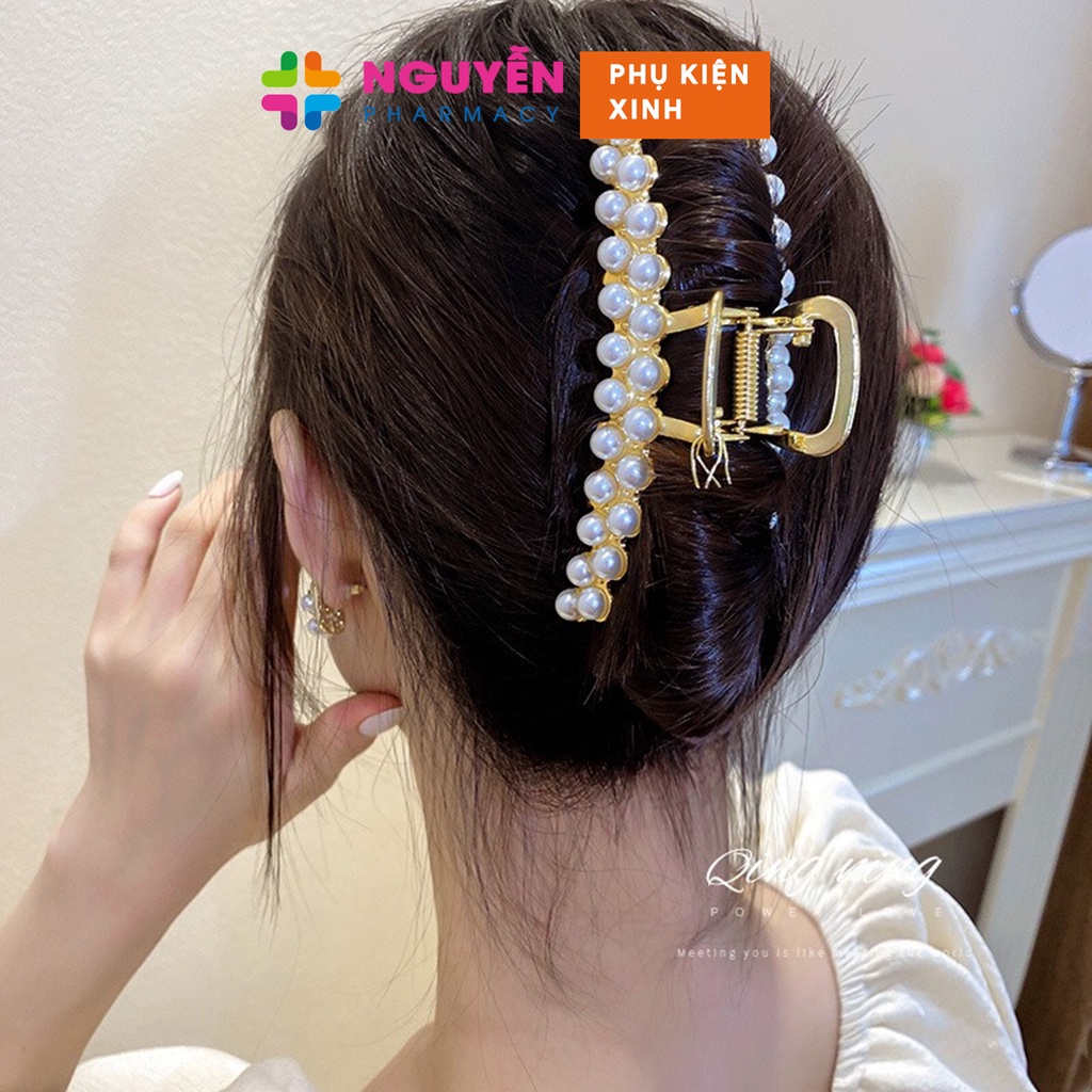 Kẹp tóc càng cua thanh kim loại đính đá ngọc trai sang chảnh, thanh lịch, xinh đẹp cho nữ