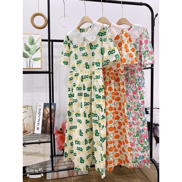 Đầm Babydoll Hoa Nhí Cổ Phối Cổ Ren Dáng Dài