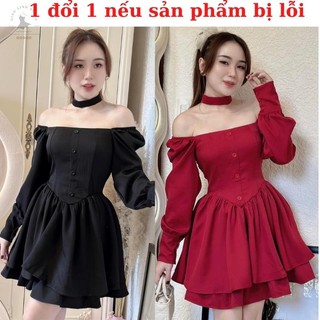 Sét đầm trễ vai tay dài phối dây chocker mix chân váy xoè lưng thun 2 màu