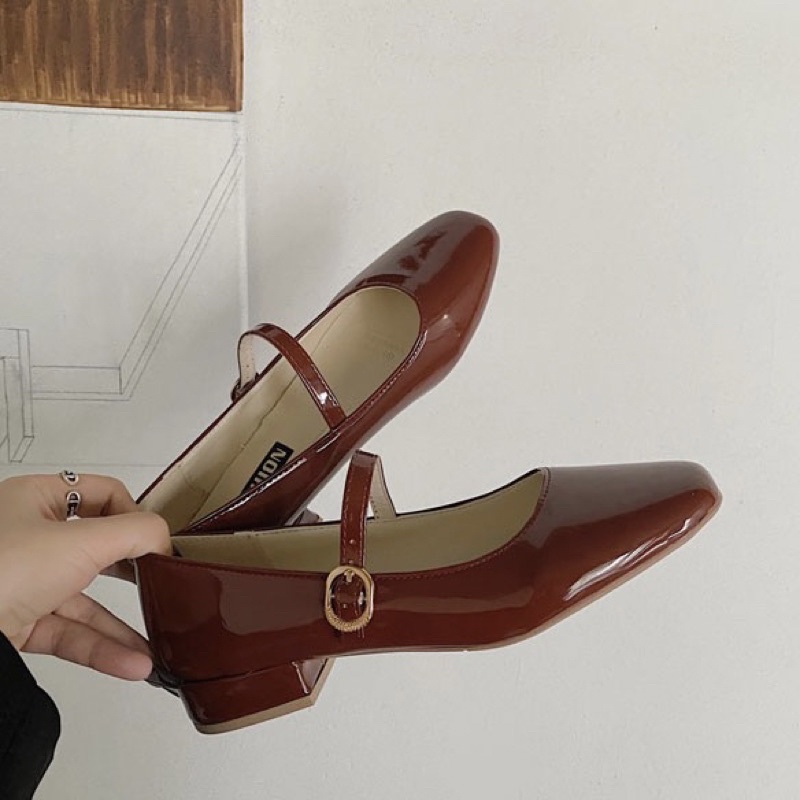 Giày búp bê Mary Jane cho nữ da trơn đế thấp 2cm có quai cài