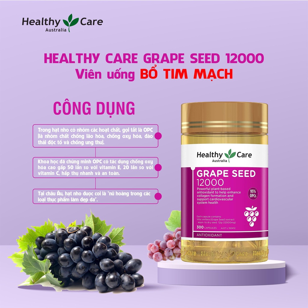 Viên uống tinh chất nho giúp lưu thông máu Healthy Care Grape Seed 12000mg 300 viên