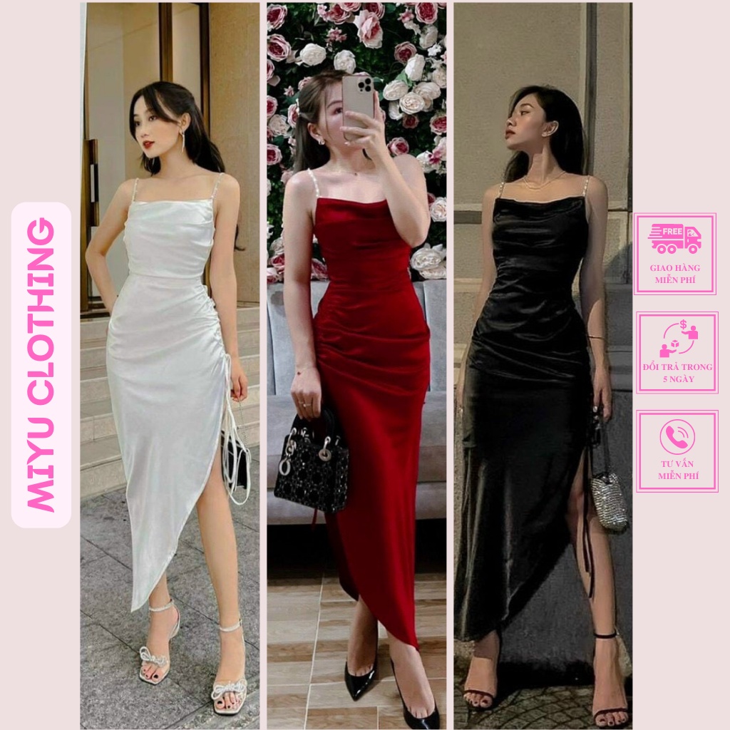 Đầm trắng đen dự tiệc sang chảnh váy đỏ 2 dây rút eo quyến rũ Miyu clothing