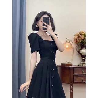 (Có BigSize) Đầm Váy Đen Cổ Vuông Xếp Li Eo Phối Nút