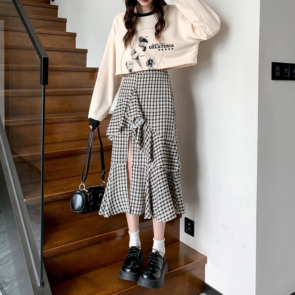 Chân váy đuôi cá MULTIPLICATION dáng dài thiết kế xẻ tà họa tiết kẻ sọc phong cách cổ điển thời trang xuân hè mới cho nữ