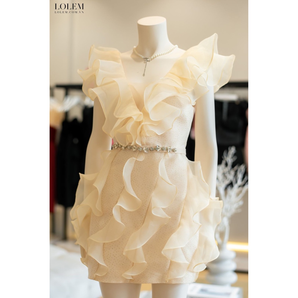 Đầm ôm body LOLEM DO215 thiết kế bèo dọc thân vải tafta fine mix tơ organza