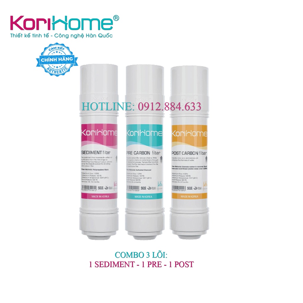 Combo 3 lõi lọc nước Korihome 1 Sediment, 1 Pre Carbon, 1 Post Carbon dùng cho tất cả dòng máy Korihome cắm nhanh