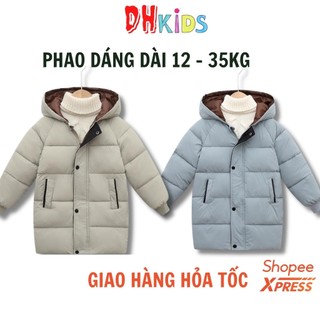 Aó phao dáng dài cho bé, áo khoác mùa đông dáng dài phong cách hàn quốc có mũ cho bé size 110 - 150, 12 - 35kg