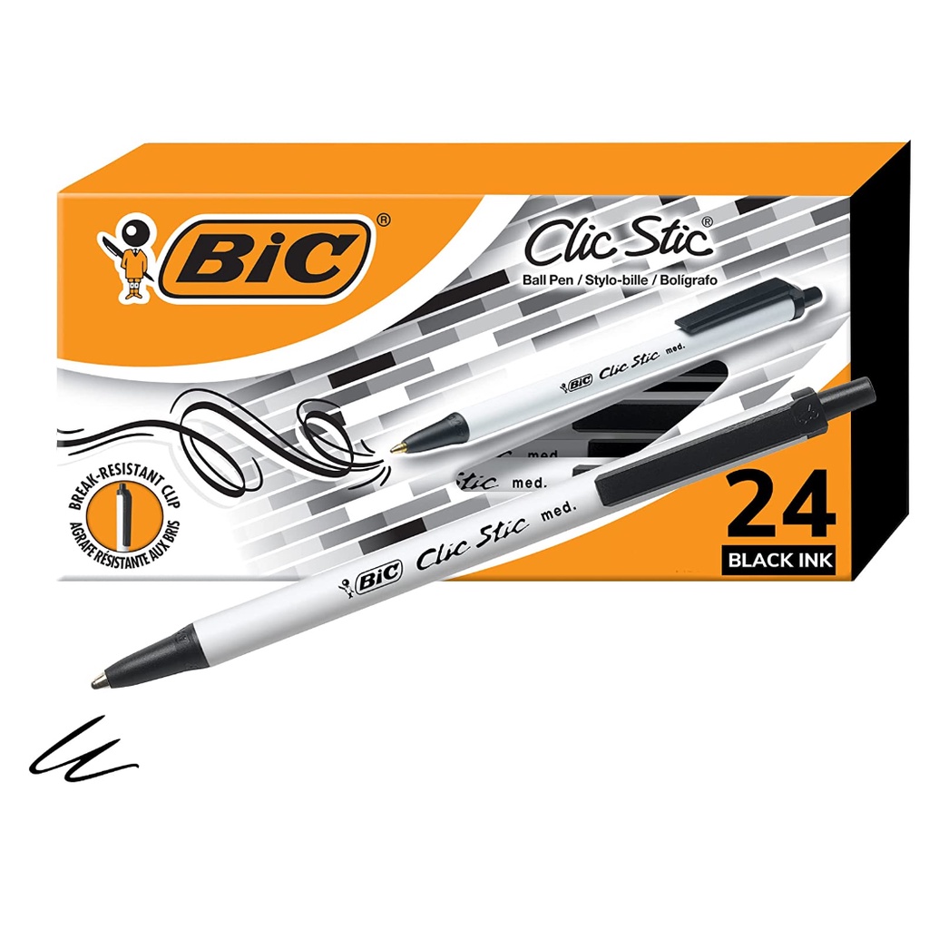 Bút BIC Clic Stic Black Retractable Ballpoint Pens, Medium Point , 24-Count Pack, Round Barrel Design for Comfort