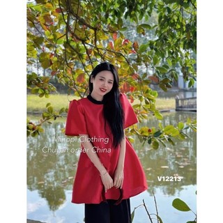 ( Hàng có sẵn ) Set áo cổ tàu phối viền + Quần suông lụa ống rộng