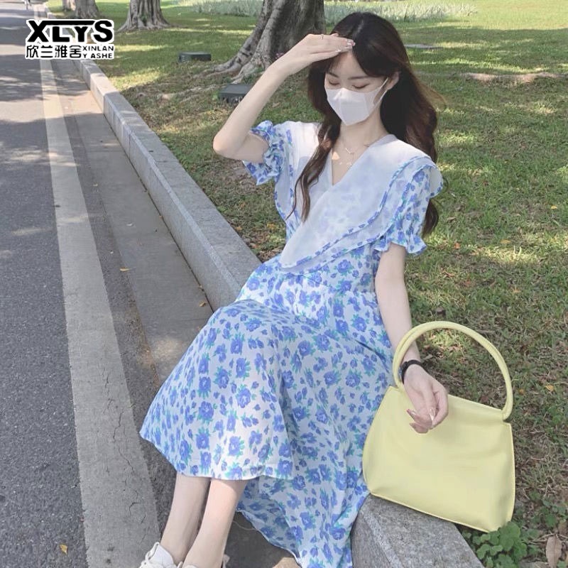 Đầm XINLANYASHE dáng dài ôm eo tay phồng họa tiết hoa phong cách Hàn Quốc thời trang 2023 mới dành cho bạn nữ