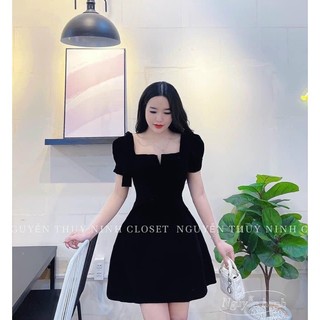 Đầm Váy Nhung Chéo Dây Eo Nơ Vai