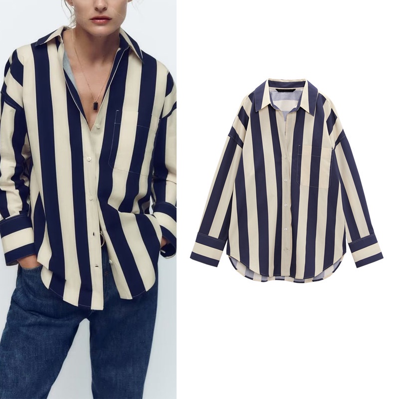 Zara Áo Sơ Mi Dáng Rộng Hoa Văn Kẻ Sọc Thời Trang Mùa Thu Thanh Lịch 2067404
