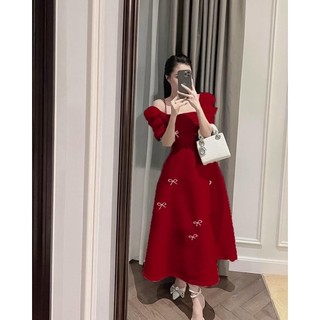 Đầm nữ dáng dài đi tiệc đính nơ nhỏ, Shop Táo Đỏ Bigsize