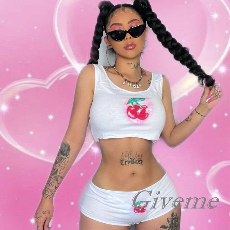 Bộ 2 Món Áo Croptop Sát Nách Cổ Chữ U In Họa Tiết Cherry + Quần Lót Thời Trang Cho Nữ