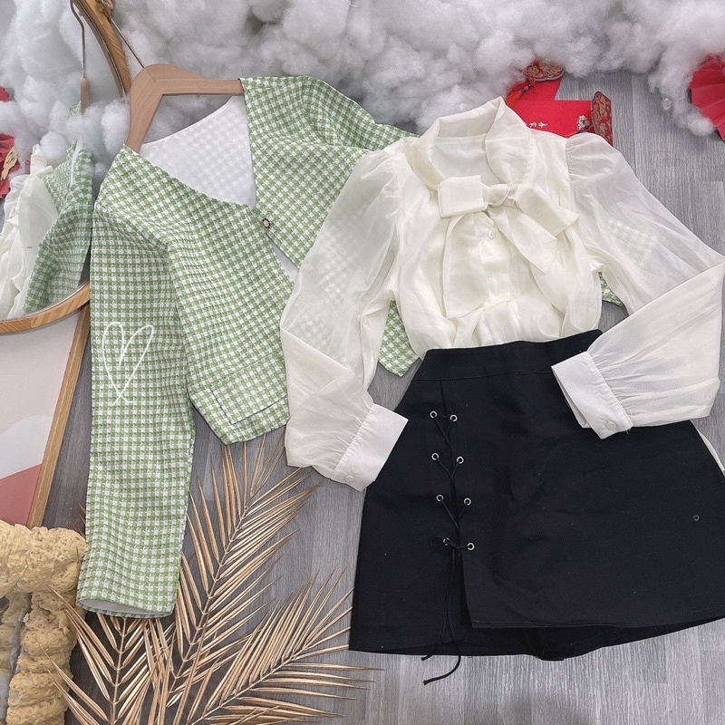 SET 3 MÓN : ÁO DẠ CARO + ÁO SƠ MI TƠ THẮT NƠ KEM + CHÂN VÁY ĐEN XẺ