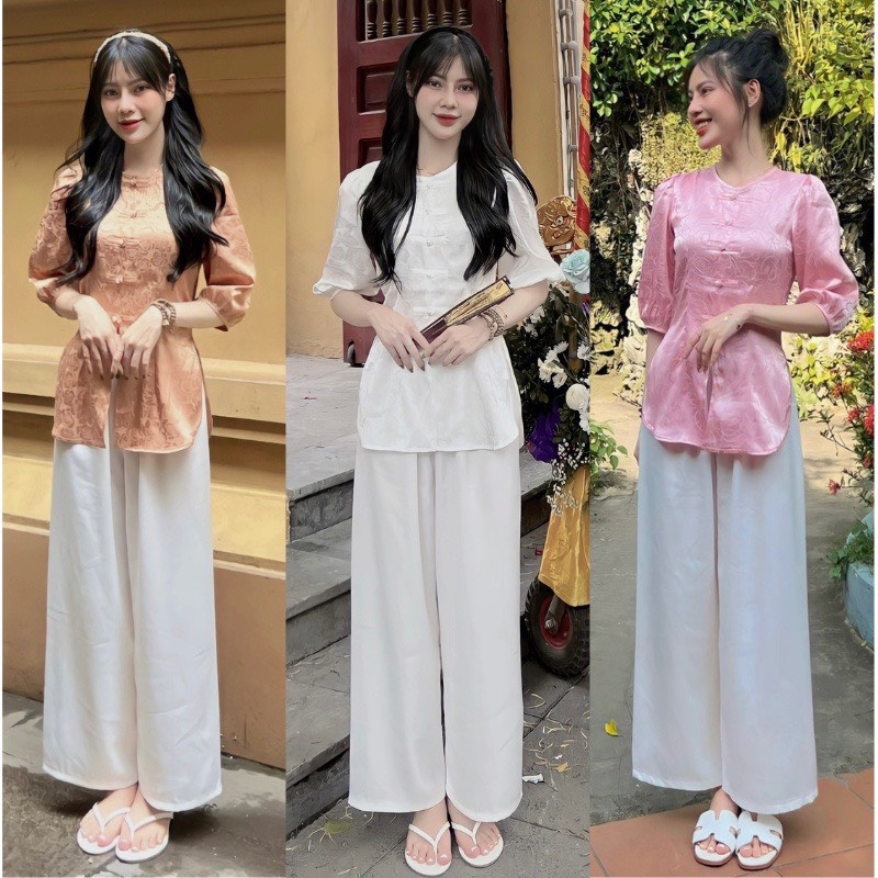 BỘ BÀ BA LỤA GẤM TAY XÒE MẪU 2