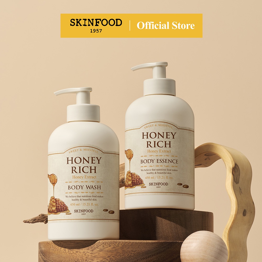 [SKINFOOD] Sữa tắm mật ong Honey Rich 450ml & tinh chất 450ml / bền dưỡng ẩm dành cho da khô / bổ dưỡng / giàu có và chói sáng cách kết cấu / dừa & xạ hương & hương vani hương thơm / Honey Rich Body Wash & Esssence