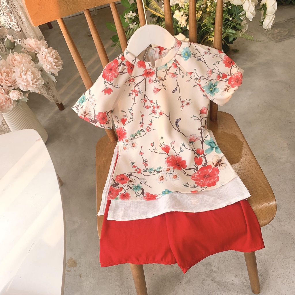 Set áo dài họa tiết hoa đào kèm quần opkids 2 màu đỏ, trắng cho bé đi chơi lễ tết, size từ 8kg tới 24kg Shushibaby
