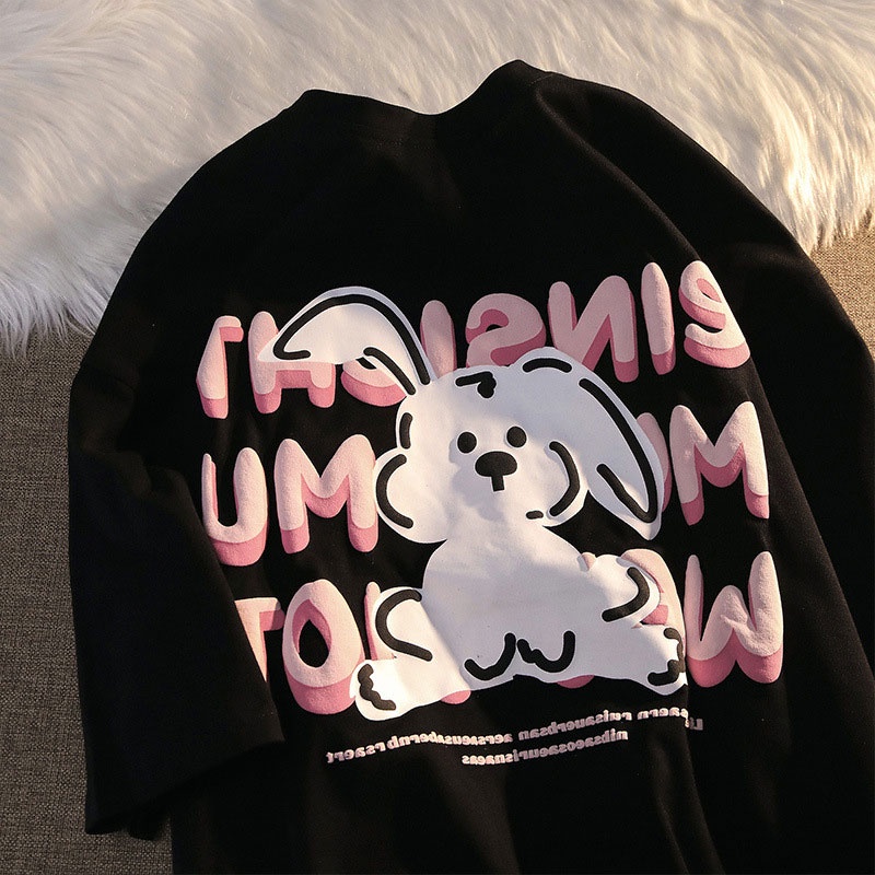 Áo thun nữ XINLANYASHE cổ tròn dáng rộng in hình thỏ dễ thương thời trang 2023