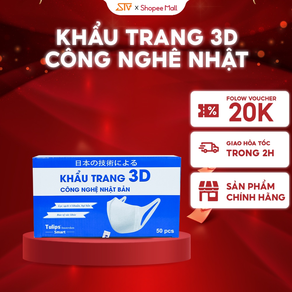 Khẩu Trang Tulips Công Nghệ Dập Nhật Bản Màu Trắng Hộp 50 Chiếc