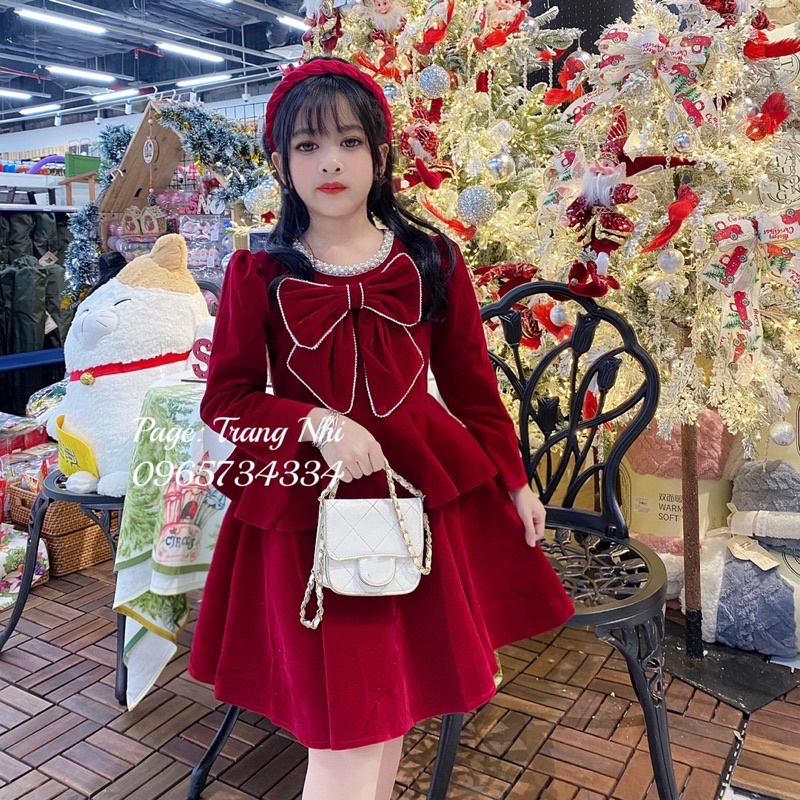 Váy nhung tầng cổ ngọc nơ viền đá sang chảnh và điệu đà cho bé diện tết size 13-44kg