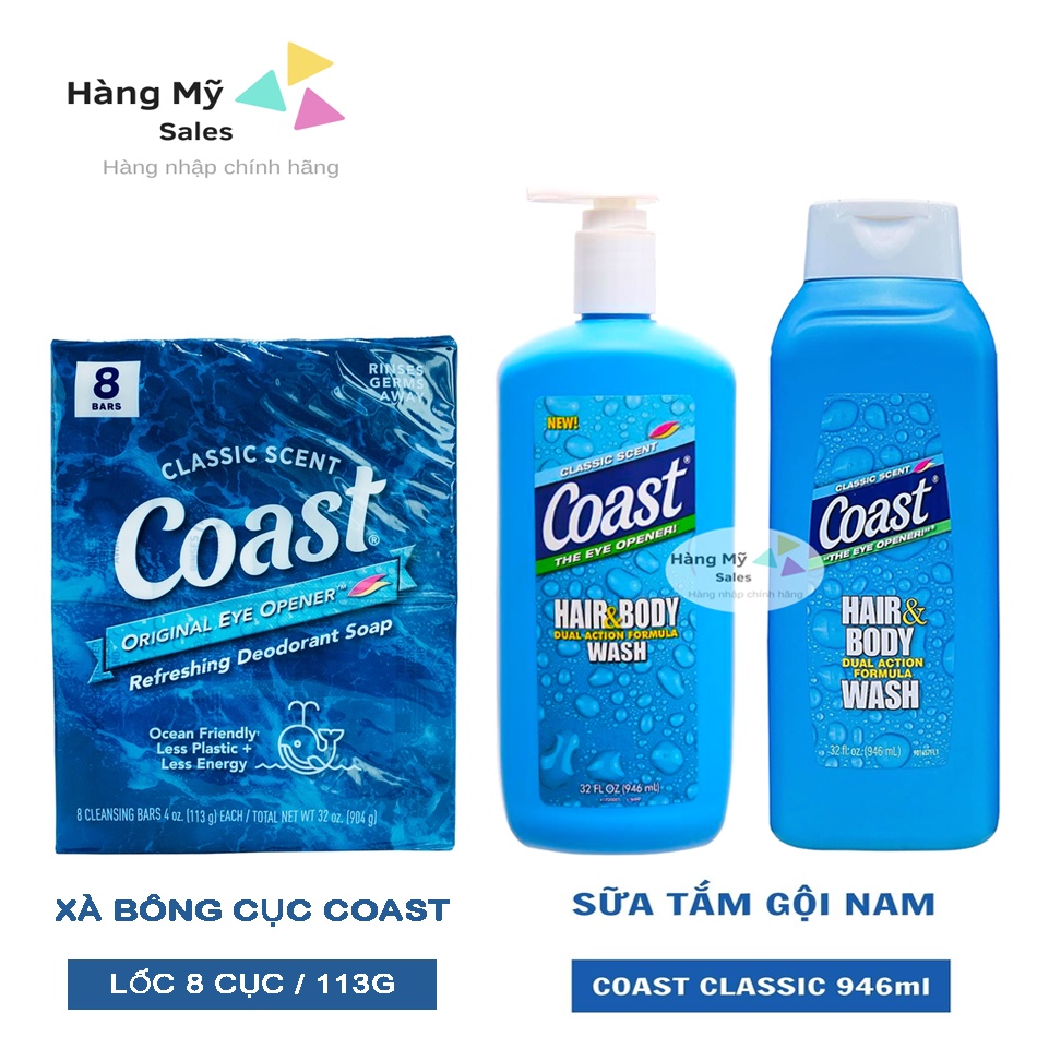 SỮA TẮM GỘI COAST MỸ CHAI LỚN Coast vòi 946ml, xà bông cục lốc 8 cục nhập Mỹ
